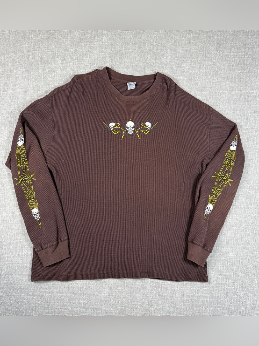 Vintage Y2K Anchor Blue Skull Thermal Long Sleeve Shirt XL Brown Waffle Knit Emo